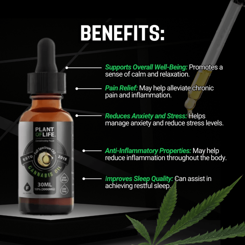 Plant of Life 10% CBD-Öl 30ml Vorteile: Entspannung, Schlaf, Schmerzlinderung, Stressreduktion, GMP zertifiziert
