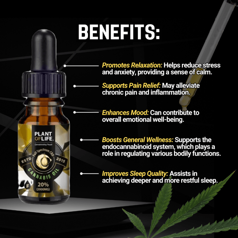 Plant of Life 20% CBD-Öl 10ml Vorteile: Entspannung, Schmerzlinderung, Schlaf, Stressabbau, GMP zertifiziert