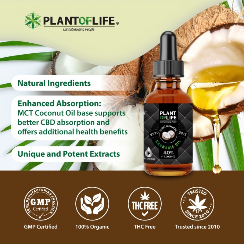 40% Vollspektrum CBD-Öl 30ml mit MCT-Kokosöl – Plant of Life, 600 Tropfen, 20mg CBD pro Tropfen, biologisch & GMP-zertifiziert