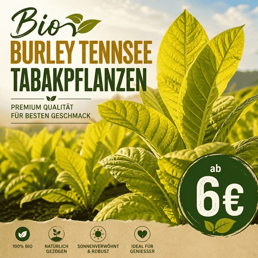 Kräftige Bio-Burley-Tabakpflanze aus Tennessee mit breiten, leicht hellgrünen bis gelblichen Blättern, die in einem sonnigen landwirtschaftlichen Feld wachsen. Die Pflanzen stehen in Reihen in einer ländlichen Umgebung mit warmem Tageslicht.