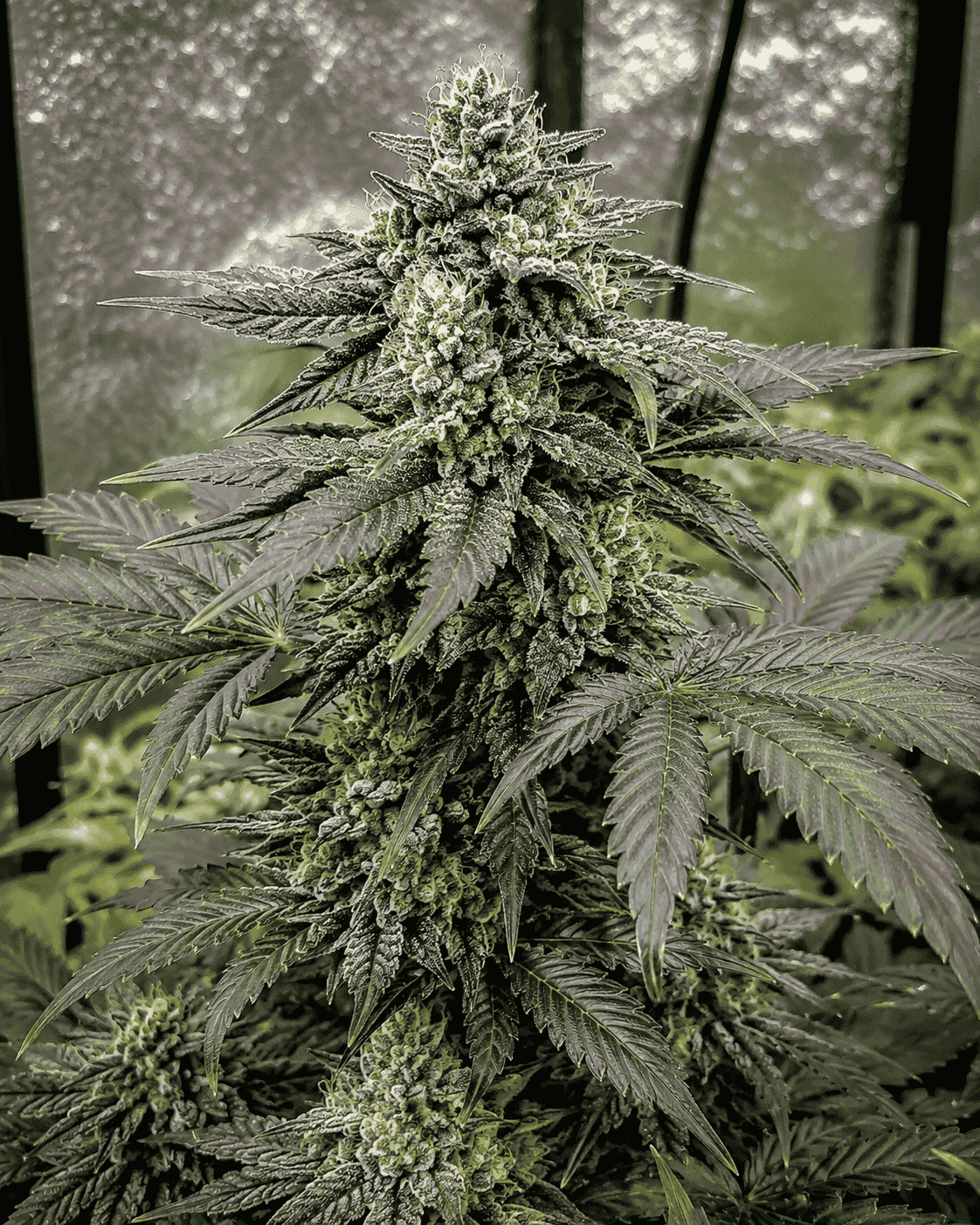 Nahaufnahme der Blueberry OG Cannabisblüten mit violetten und grünen Farbtönen, bedeckt von glitzernden Trichomen und dichten Bud-Strukturen.