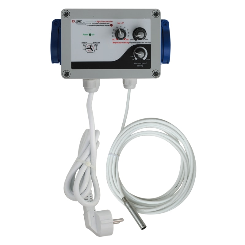 Digitaler Temperatur- und Unterdruck Controller für Lüftungssysteme – Fancontroller mit Sensor, wasserdichtem Gehäuse (IP44) und präziser Drehzahlregelung für Räume