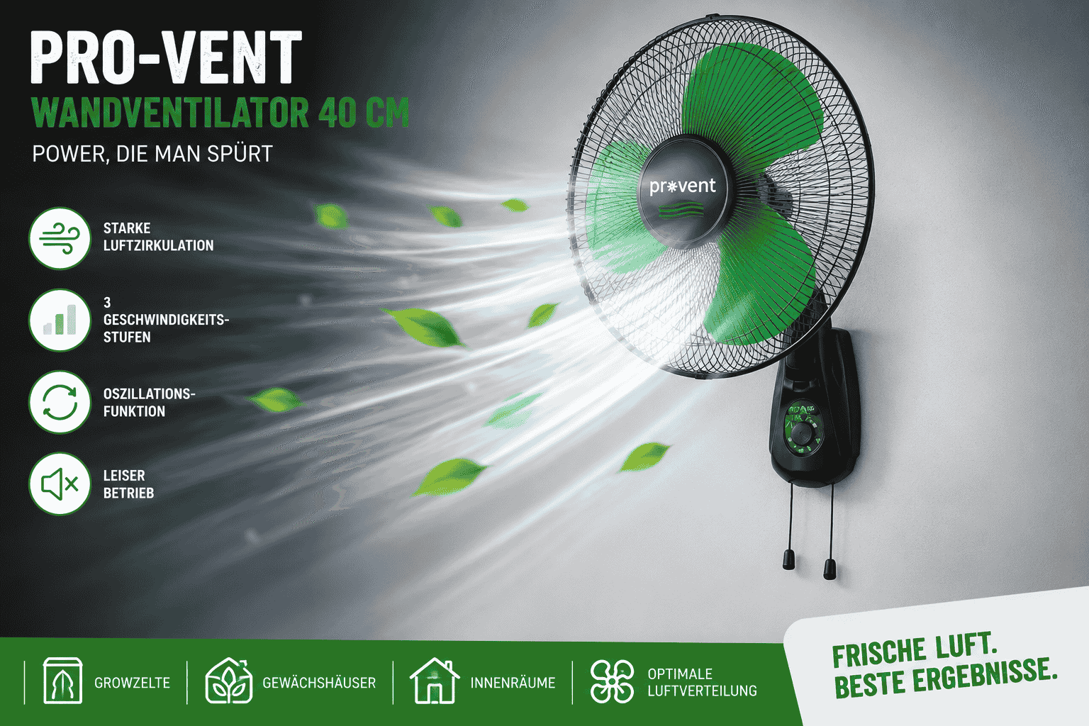 Oszillierender PRO-VENT Wandventilator 40 cm mit 3 Geschwindigkeitsstufen zur Wandmontage