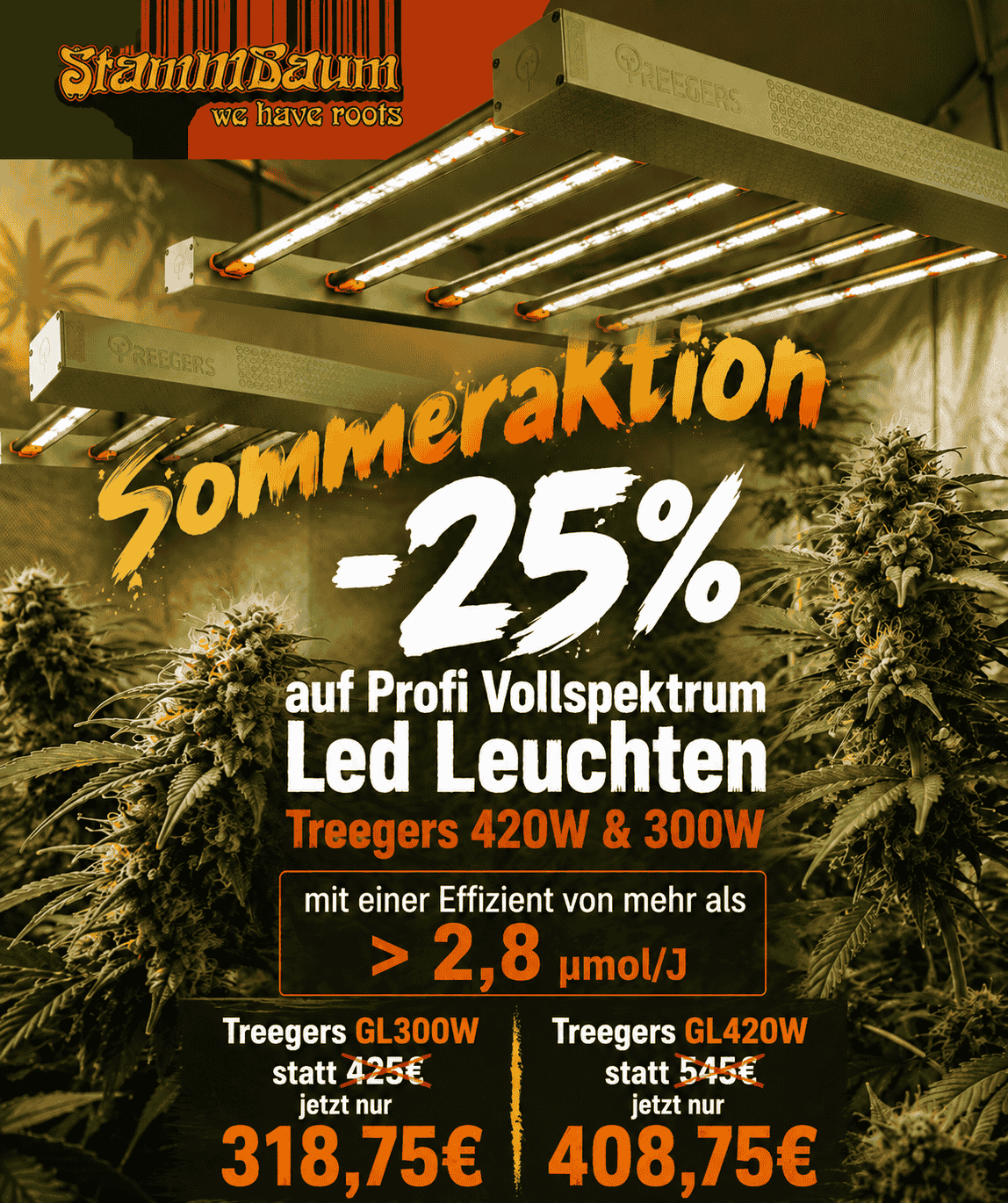 Treegers GL300W LED Grow Lampe 300W Vollspektrum Grow Light mit vier LED-Leisten für gleichmäßige Ausleuchtung bis 1,0x1,0m Indoor Anbaufläche
